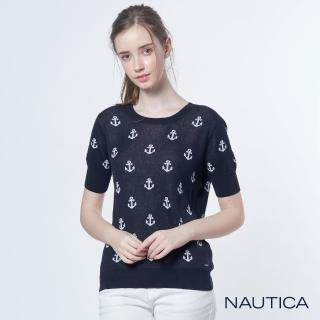 【NAUTICA】女裝滿版船錨五分袖針織衣(深藍)