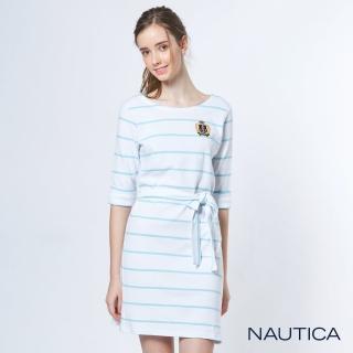 【NAUTICA】女裝條紋七分袖綁帶洋裝(白色)
