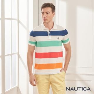 【NAUTICA】清新夏日條紋短袖POLO衫(白色)