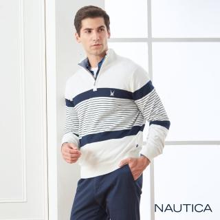 【NAUTICA】立領拉鍊條紋長袖細針織衫(白色)