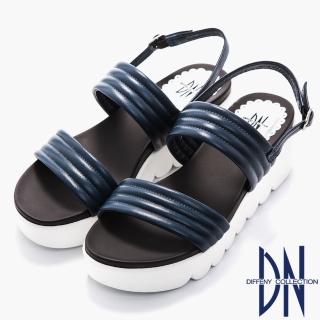 【DN】涼鞋_柔軟羊皮一字寬版繫帶厚底涼鞋(藍)