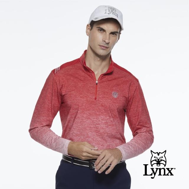 【Lynx Golf】男款遠紅外線保暖刷毛山貓織標反光印花長袖立領POLO衫(紅色)