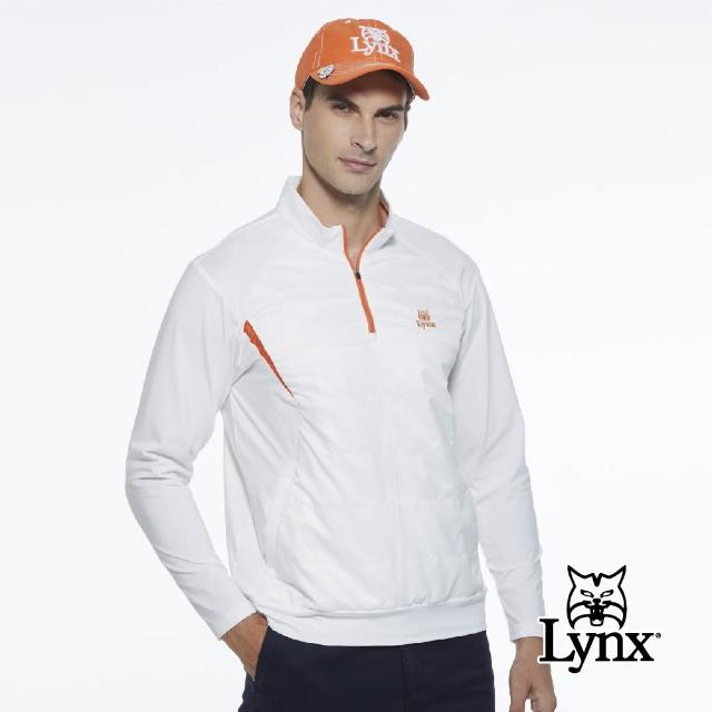 【Lynx Golf】男款遠紅外線保暖刷毛異材質剪接口袋款山貓織標長袖立領POLO衫(牙白色)