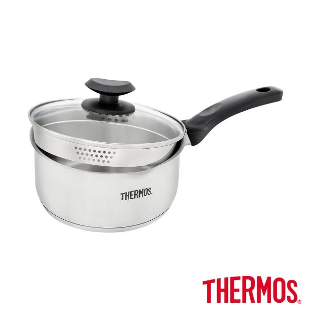 【THERMOS膳魔師】買1送1_不鏽鋼附蓋瀝水單柄湯鍋雪平鍋18cm(SPC-S18+SPC-S18)