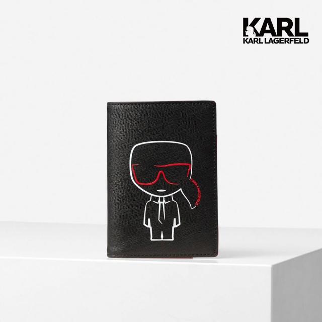【KARL LAGERFELD 卡爾】IKONIK廓型皮革護照套-黑(原廠公司貨)