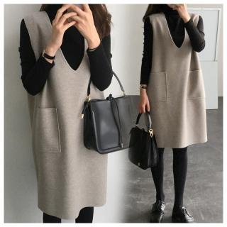 【ASister 小姊姊】毛呢U型馬甲背心連身裙上衣兩件式套裝(M-3XL)