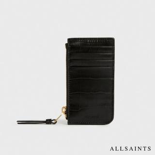 【ALLSAINTS】LITTLE 鱷魚紋質感手工牛皮多卡槽金屬拉鍊零錢包-黑