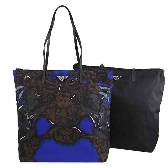 【PRADA 普拉達】超值二件組 限量版經典肩背托特購物包(黑藍)