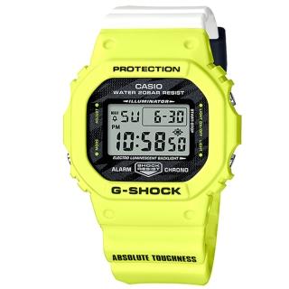 【CASIO 卡西歐】G-SHOCK 電子液晶 防水200米 橡膠手錶 黃x白黑撞色 44mm(DW-5600TGA-9)