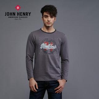 【JOHN HENRY】純棉復古噴墨文字設計長袖-灰