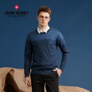 【JOHN HENRY】漸層拼接圓領針織-藍