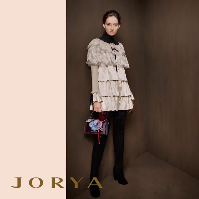 【JORYA】I1601302法式蕾絲荷葉質感桑蠶絲緞面羊毛連身衣