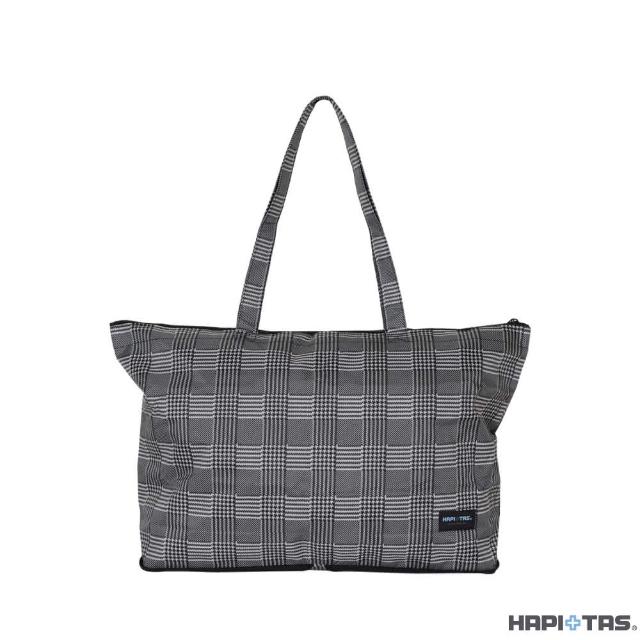 【HAPI+TAS】新 日本原廠授權 摺疊肩背包 黑灰色蘇格蘭格紋(H0001/摺疊旅行袋/托特包/購物袋)