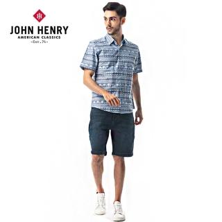 【JOHN HENRY】非洲民俗圖紋短袖襯衫-藍
