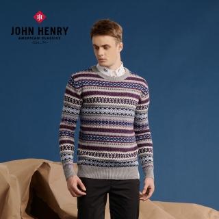 【JOHN HENRY】民俗橫條圖騰長袖針織-灰