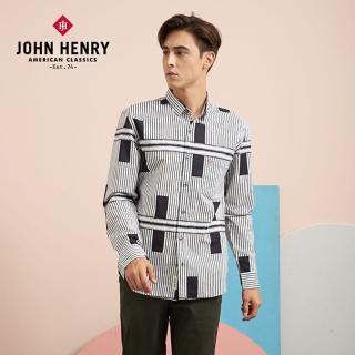 【JOHN HENRY】黑白設計線條長袖襯衫-白
