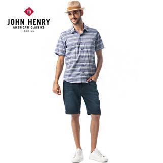 【JOHN HENRY】簡約三色橫條紋短袖襯衫-藍