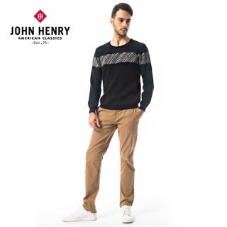 【JOHN HENRY】帶狀斜線休閒針織上衣-黑