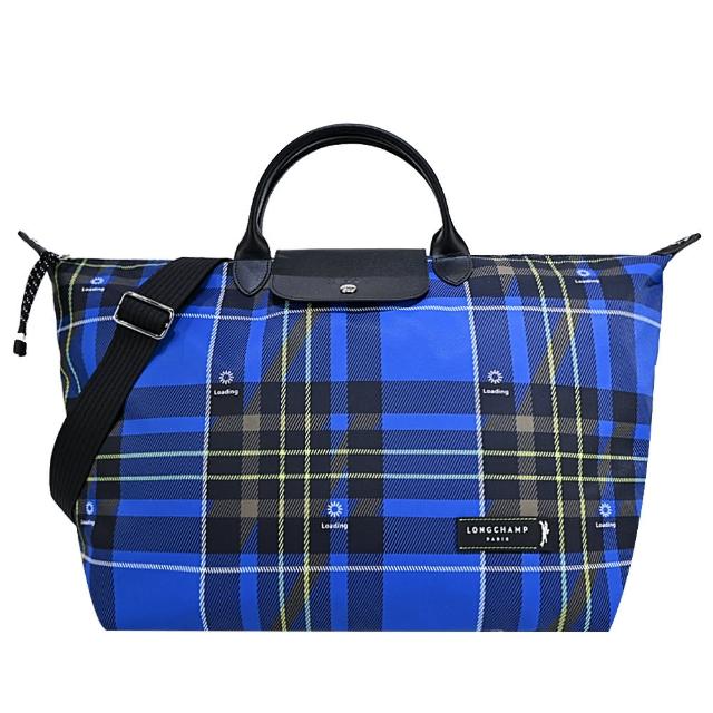 LONGCHAMP【LONGCHAMP】GREEN DISTRICT系列格紋帆布短把兩用旅行袋(大/藍)