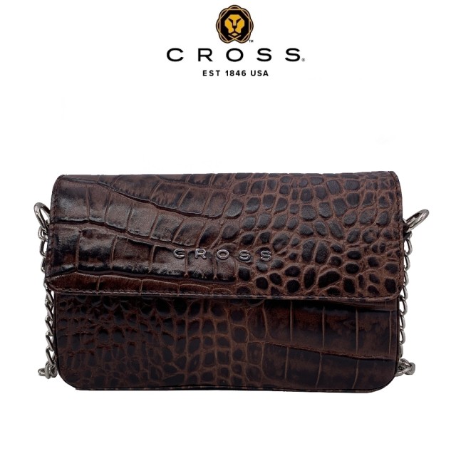 CROSS【CROSS】限量1折 經典NAPPA小牛皮鱷魚紋鈕扣側背包 專櫃展示品 99%新(咖啡色)