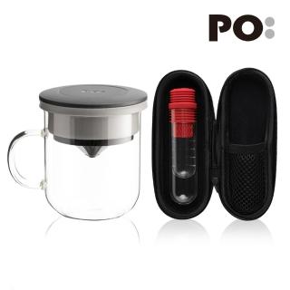 【PO:】咖啡泡茶兩件組(咖啡玻璃杯350ml-黑灰/試管茶格-紅)