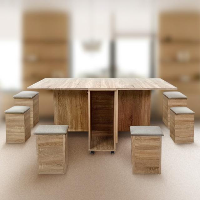 【IHouse】新團圓 隱形式1桌6椅/餐桌/摺疊桌/折疊桌/蝴蝶桌