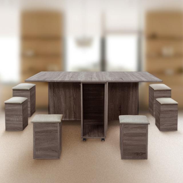【IHouse】新團圓 隱形式1桌6椅/餐桌/摺疊桌/折疊桌/蝴蝶桌