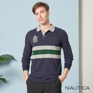 【NAUTICA】撞色拼接條紋長袖POLO衫(深藍)