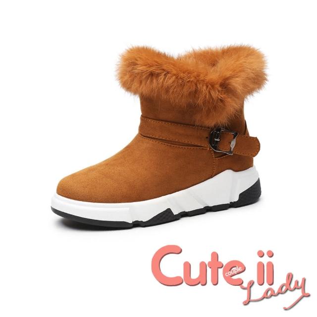 【Cute ii Lady】休閒運動風皮帶釦飾毛絨厚底雪靴(棕)