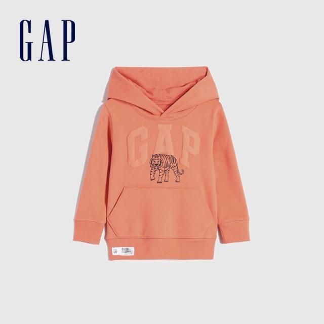 GAP【GAP】男幼童 碳素軟磨系列 法式圈織童趣印花連帽休閒上衣(861014-橙色)