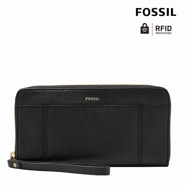 【FOSSIL】Jori 真皮手環帶拉鍊式RFID防盜長夾-黑色 SWL3008001