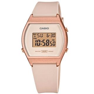 【CASIO 卡西歐】酒桶型 復古時尚 電子液晶 橡膠手錶 粉x古銅金框 35mm(LW-204-4A)