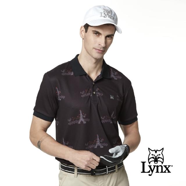 【Lynx Golf】男款吸汗速乾羅紋領設計巴黎鐵塔印花山貓LOGO短袖POLO衫(黑色)