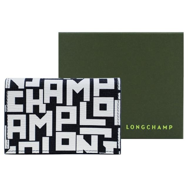 LONGCHAMP【LONGCHAMP】LE PLIAGE LGP系列滿版牛皮口袋三折翻蓋短夾(黑X白)
