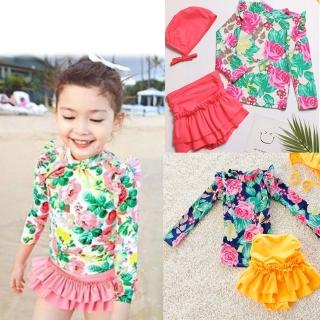 【泳衣果】兒童泳衣小朋友泳裝尚花草長袖裙子三件式泳衣附帽(M-4L)