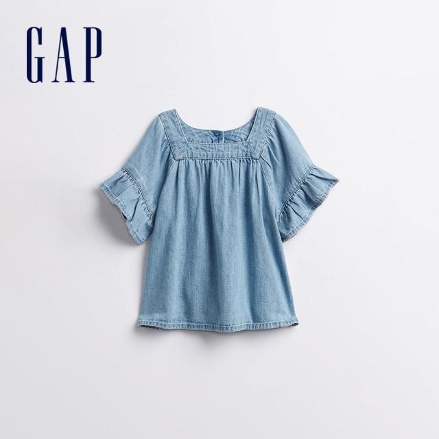 【GAP】女幼童 柔軟仿牛仔布方領襯衫(796097-淺色水洗)