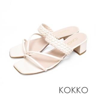 【KOKKO 集團】時髦方頭細帶編織牛皮粗跟涼拖鞋(清新米)