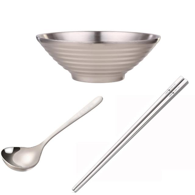 【PUSH!】餐具用品304不鏽鋼飯碗湯碗泡面碗防燙拉麵碗小號碗(24CM E128-1+筷子+湯勺組合)