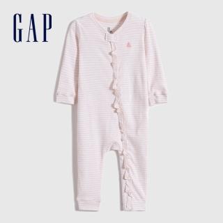 【GAP】嬰兒 布萊納系列 純棉荷葉邊長袖包屁衣/連身衣(679418-粉色條紋)