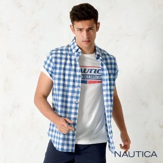 【NAUTICA】經典格紋口袋短袖襯衫(藍色)