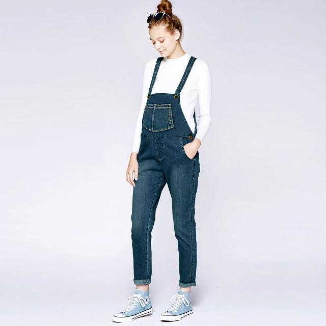 【Gennies 奇妮】自在率性牛仔吊帶褲-藍(孕婦褲 牛仔褲 連身褲 開扣 鬆緊帶 前後口袋)