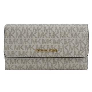 【Michael Kors】經典MK LOGO拼接三折多卡扣式零錢長夾(白咖)