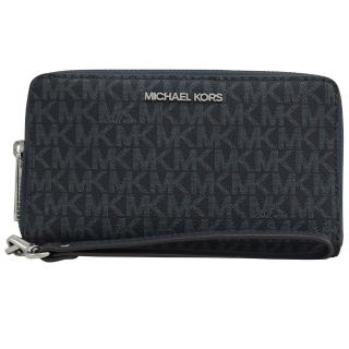 【Michael Kors】經典MK LOGO拼接手提式手機袋拉鍊中夾(深藍)