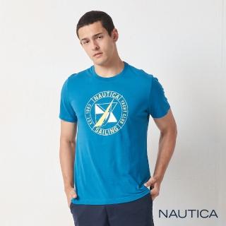 【NAUTICA】男裝 撞色旗語LOGO圖騰短袖T恤(湖水藍)