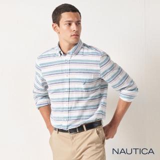 【NAUTICA】男裝 夏日舒適亞麻條紋長袖襯衫(藍綠條紋)
