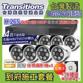 【全視線】台灣製造 16路監控主機+8支 TS-TVI8G 到府安裝施工套餐(贈 4TB硬碟)