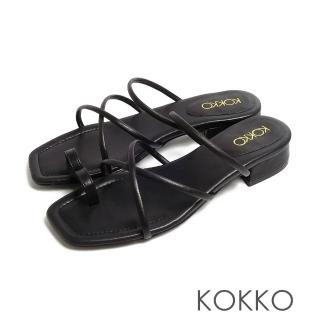 【KOKKO 集團】女神風柔軟綿羊皮細條夾腳平底涼拖鞋(黑色)
