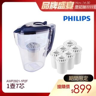 【Philips 飛利浦】AWP2921超濾帶計時器3L濾水壺 藍+AWP201*2濾芯超值組(共1壼7芯)