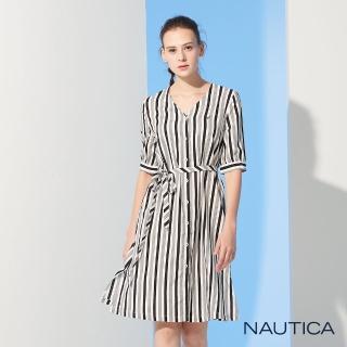 【NAUTICA】女裝復古成熟條紋長洋裝(灰)