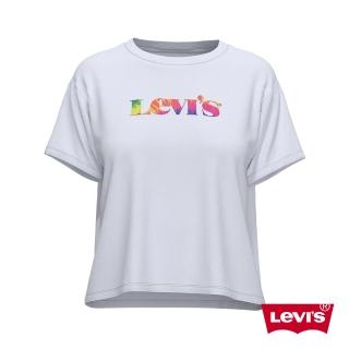 【LEVIS】女款 短袖學院T恤 / 中短版方正寬袖版型 / 精工高密度膠印紮染Logo 白 熱賣單品